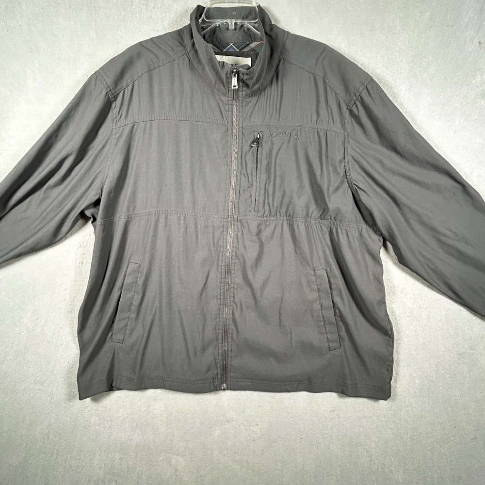 Orvis Windbreaker Jacket Mens XXL Gray Solid Full Zip Plaid Lined Outdoor Pocket